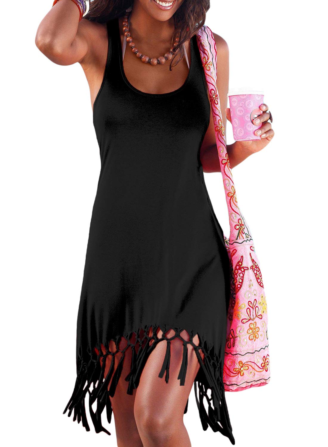 Eytino Women Summer Casual Plain Sleeveless Mini Tassle Tank Dress