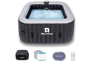 RELXTIME Inflatable Hot Tub 2-3 Person 110 Air Jets, Portable Blow Up Hottub with Cover, Built in Heater Pump, Square Outdoor Spa, Cup Holder, 2 Filters, Black