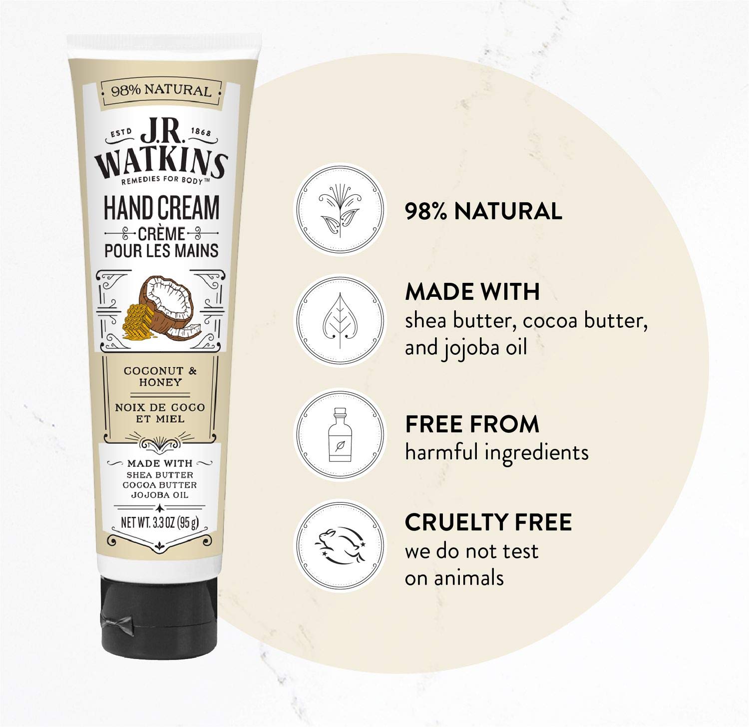J.R. Watkins Natural Moisturizing Hand Cream, Coconut, Hydrating Hand Moisturizer with Shea Butter, Cocoa Butter, and Avocado Oil, USA Made and Cruelty Free, 3.3oz : Beauty