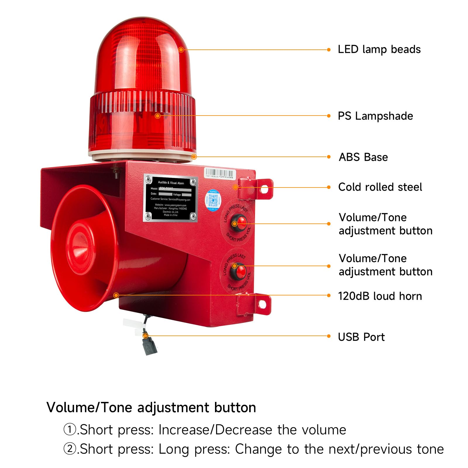 Alarm Siren with Strobe Light 120dB Sound 25W Outdoor Waterproof Emergency Security Siren with Adjustable Volume Tone (with Plug) AC110V-120V