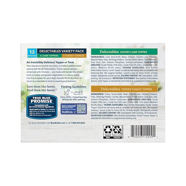 BLUE BUFFALO DELECTABLES NATURAL WET DOG FOOD TOPPER VARIETY PACK, LAMB & TURKEY DINNER 3OZ (12 PACK – 6 OF EACH FLAVOR)