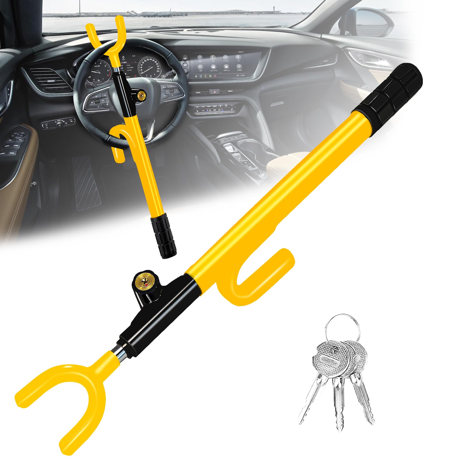 Photo 1 of NOEAIKE Steering Wheel Lock,Heavy Duty Anti-Theft Car Device,Adjustable Length Locking with 3 Keys Universal Fit for Cars Trucks Vans and SUVs (Yellow)
