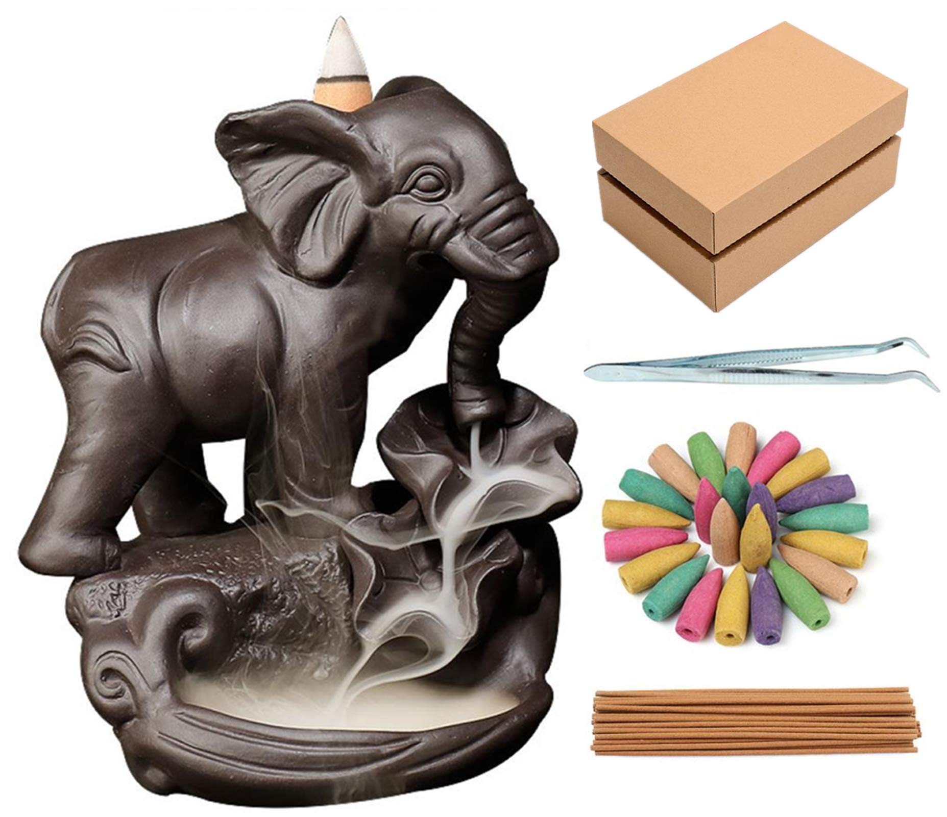 YYW Backflow Incense Burner - Elephant Ceramic Holder With 120 Cones, 30 Sticks, Mat, Tweezer - Handmade Censer for Aromatherapy and Home Decor