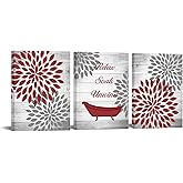 FuShvre Red Bathroom Decor Burgundy Wall Art Pictures Grey and Red Floral Canvas Prints Accessories with Relax Soak Unwind Framed 12"x16"x3pcs