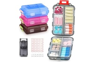 4 Pack Travel Pill Organizer, WLU Portable Pill Case, 10 Compartments Small Pill Box, Pocket Pharmacy with Labels and Pill Cutter, Mini Daily Weekly Medicine Organizer Box (Multi-Colored)