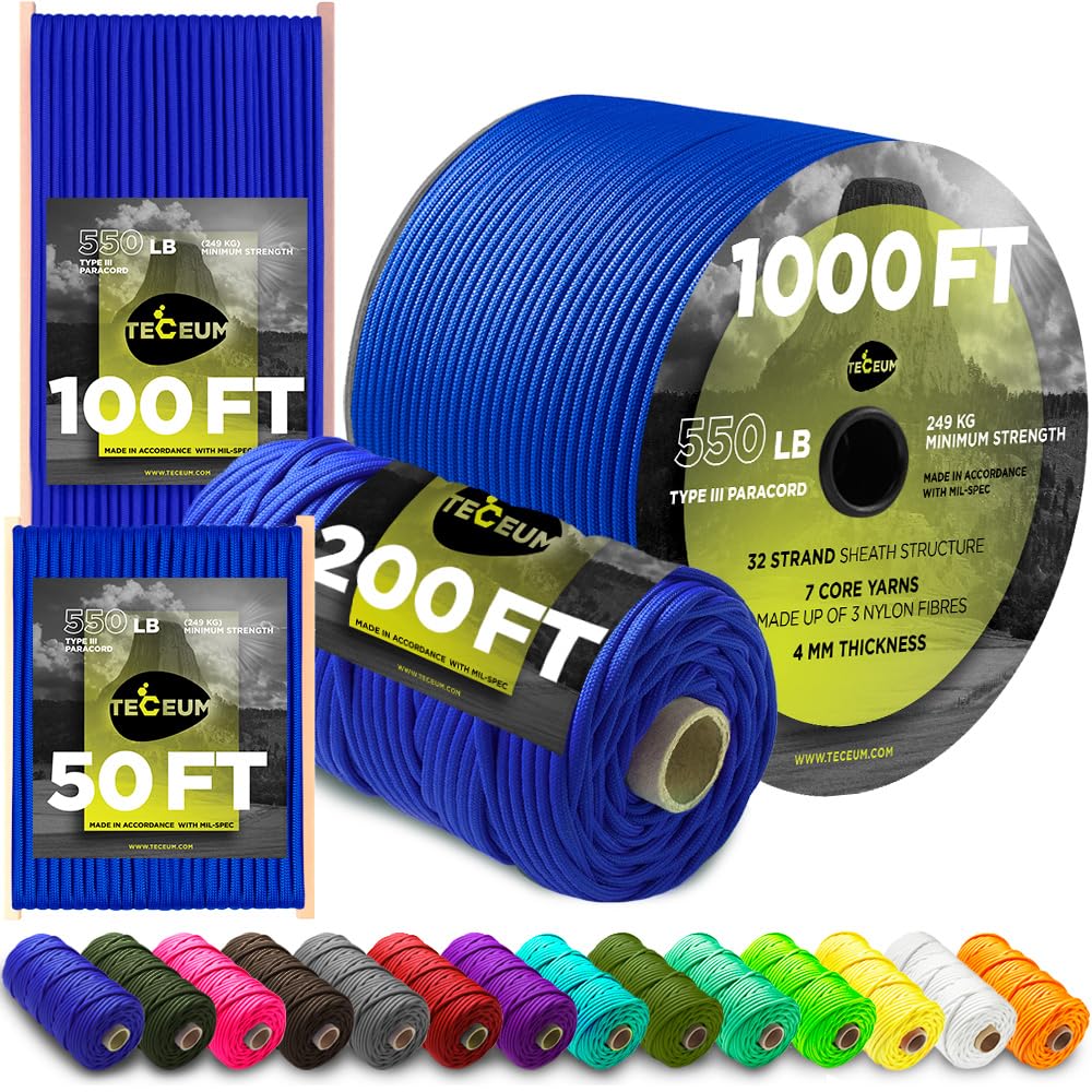 Photo 1 of TECEUM Paracord Type III 550 Simple Blue – 1000 ft – 4mm – Tactical Rope MIL-SPEC – Outdoor para Cord –Camping Hiking Fishing Gear and Equipment – EDC Parachute Cord – Strong Survival Rope 001