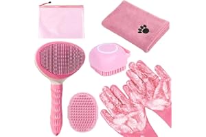 KUEIOX Bath Grooming Kit for Pets - Hair Brush Set with Towel, Washing Gloves, and Shampoo Scrubber Brush for Dogs and Cats (Pink)
