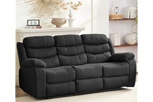 BALUS Faux Leather Reclining Sofa - 3 Seater Manual Recliner with Built-in Storage & Cup Holders, 3 Recliner Couch with Console for Living Room/Office/Home Theater, Dark Grey