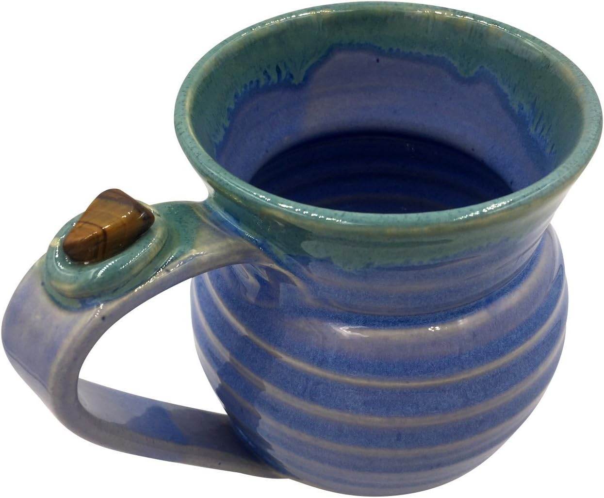 Healing Stone Handcrafted Unique Mugs Featuring Energy Stones - Focus and Meditation - Blue/Green with Tiger's Eye