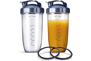 BRENSTEN 32oz Replacement Cups (2-Pack) for NutriBullet Blender with 2 Flip-Top To-Go Lid and 2 Rubber Gaskets Seal Rings Compatible with NutriBullet 900W & 600W Series