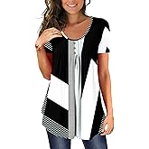 BeadChica Women's Tunic Tops For Leggings Short Sleeve Shirts Botton Up Casual Ruched Blouses Clothing Floral-L