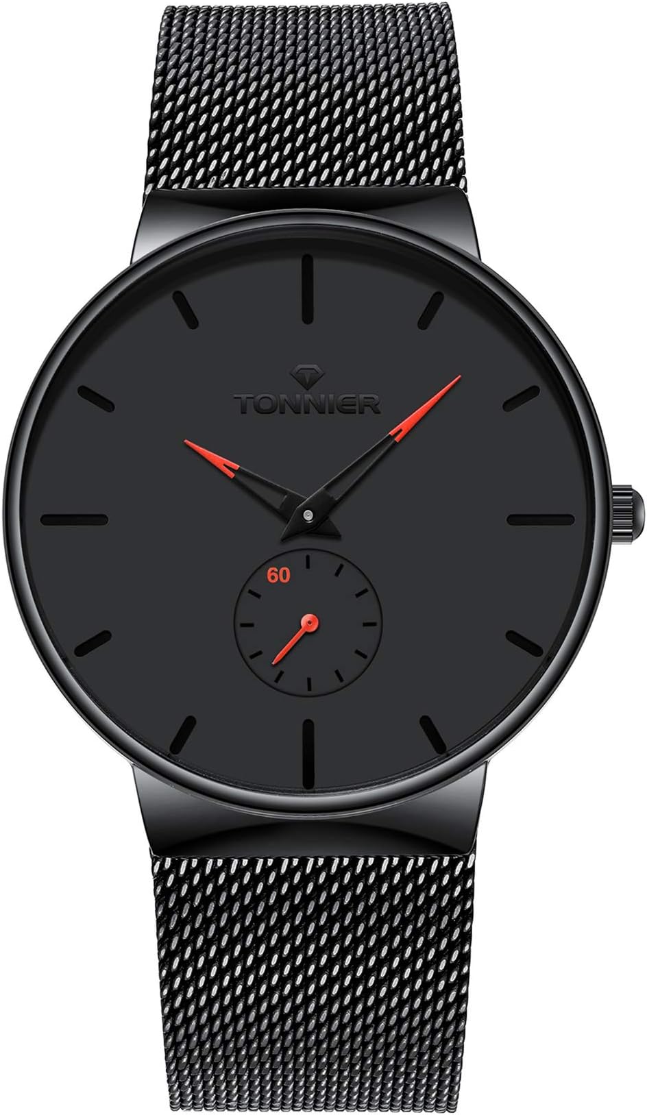 Tonnier Stainless Steel Slim Men Watch with Hollow Watch Hands Independent Second Hand Dial