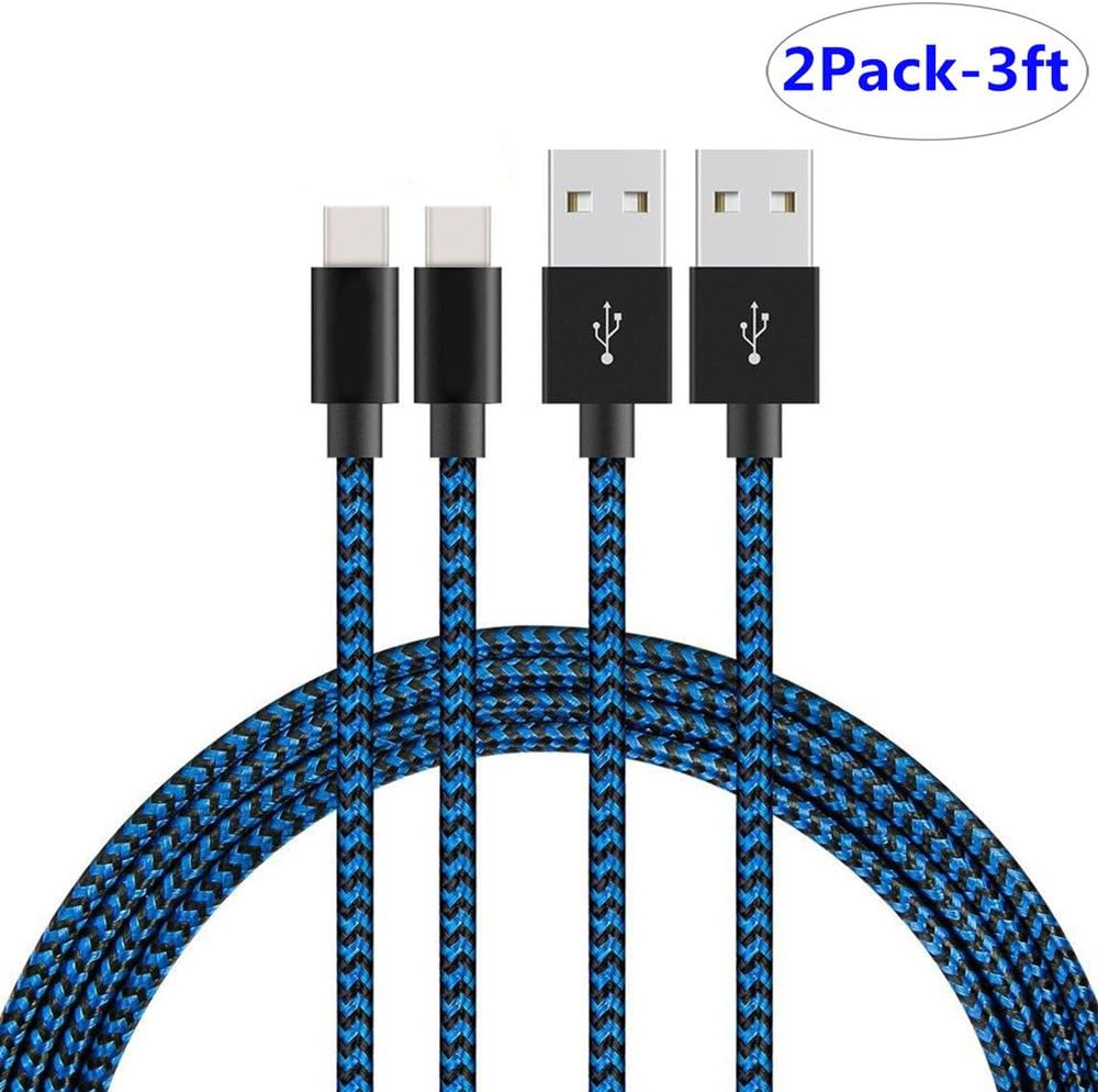 USB Type C Cable,THRRLY 2-Pack Braided USB A to USB C Long Cord Fast Charging Cable Compatible with Samsung Galaxy S10 S9 S8 Plus S10E Note 9 Note 8,LG Stylo 5,Stylo 4 and More.(Blue-Black 3ft)
