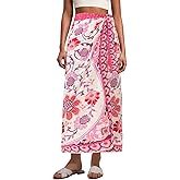 Talakeno Womens Floral Wrap Midi Skirt Summer Adjustable Tie Side Casual High Waist A Line Beach Boho Long Flared Skirts