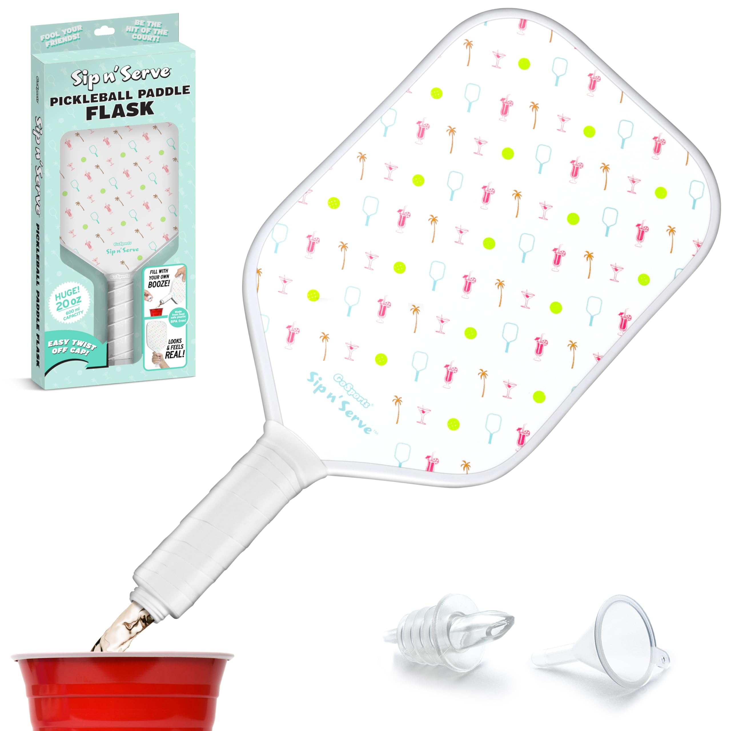 GoSports Sip N' Serve Pickleball Paddle Flask (20 oz) - Hidden Alcohol Travel Flask - Funny Liquor Gift – Includes Funnel & Spout