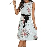 SweatyRocks Women's Floral Print Flared Dress Sleeveless Round Neck Belted A Lined Dresses