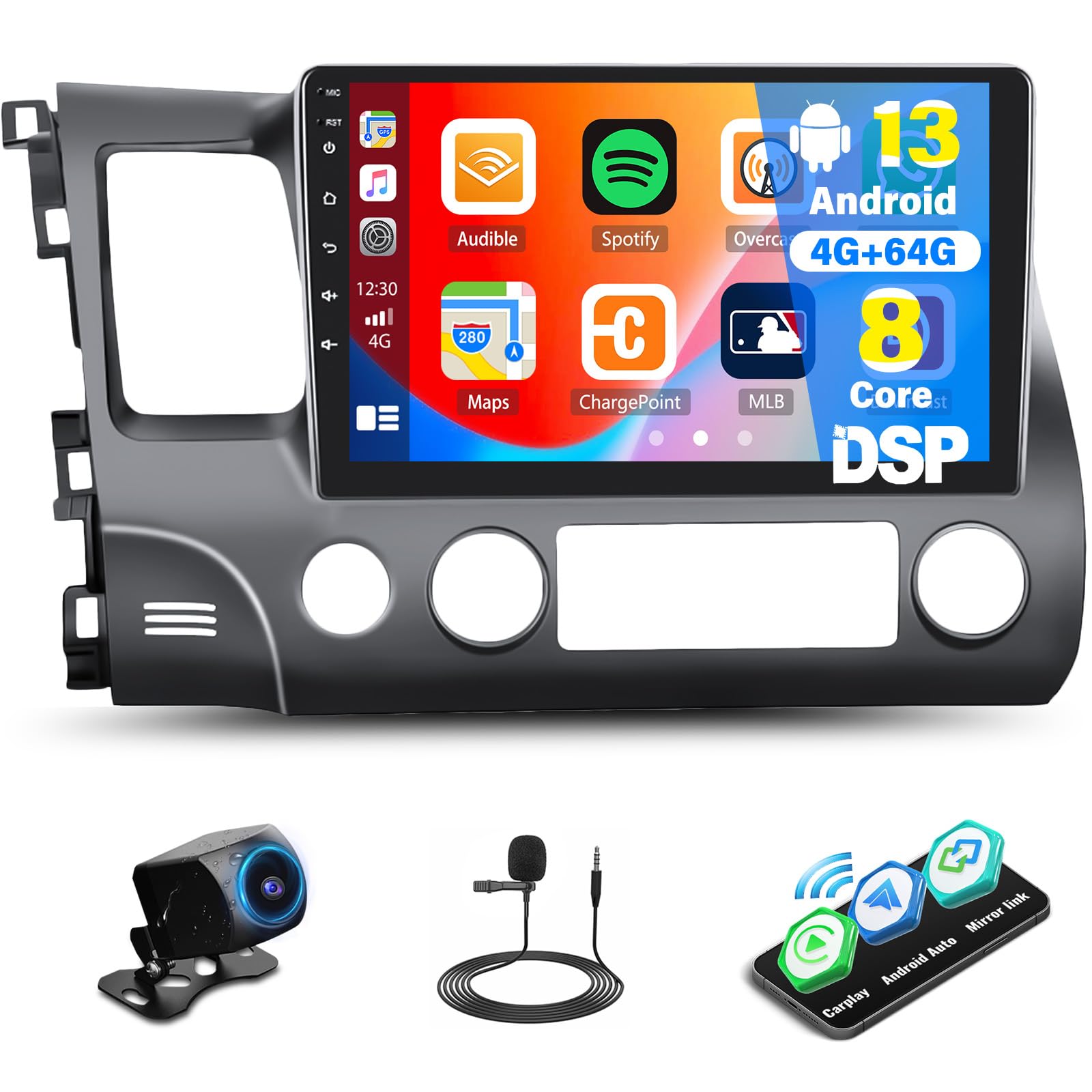 Photo 1 of 8 Core/4G+64G Android Car Stereo for Honda Civic 2006-2011 Wireless Carplay&Android Auto, 10.1" IPS Touchscreen 1280 * 720 DSP Auto Radio GPS Bluetooth FM/RDS 32EQ WiFi SWC+Backup Cam&Mic