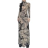 Suillty Women's Sexy Printed Sheer Mesh Long Maxi Dress See Through Long Sleeve High Neck Bodycon Party Club Night Dresses