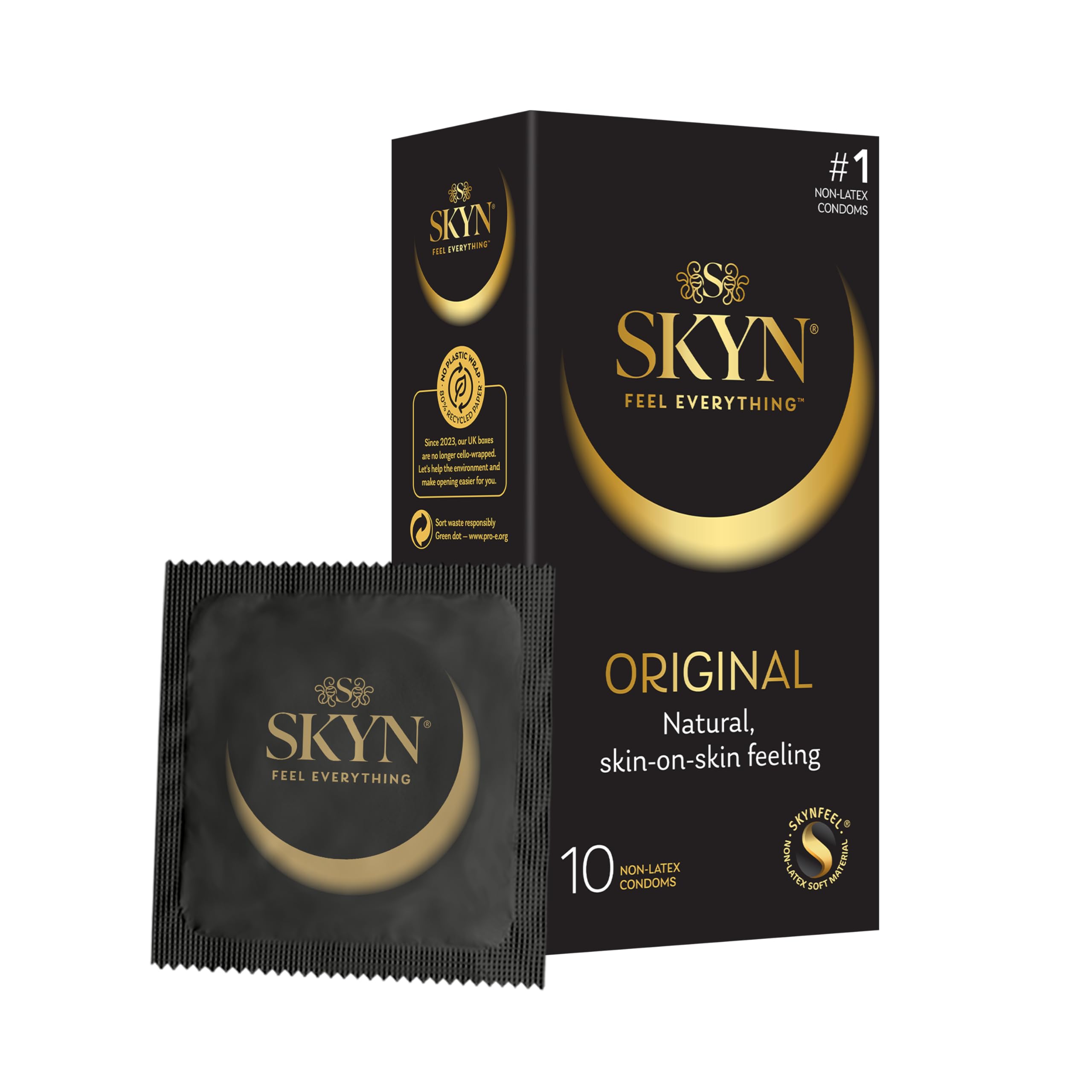 SKYN Original Condoms, Pack of 10, SKYNFEEL Latex Free Condoms for Men, Regular Size, Strong & Thin, Smooth Straight Shape, Lubricated, 53mm Wide