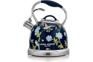 VQ Laura Ashley Elveden Navy 2.5L Stainless Steel Tea Kettle Stovetop Whistling Teapot for Induction, Gas Hob or others. Silicon Coated Cool Handle & Push Button Mechanism Vintage Stove Top Kettle