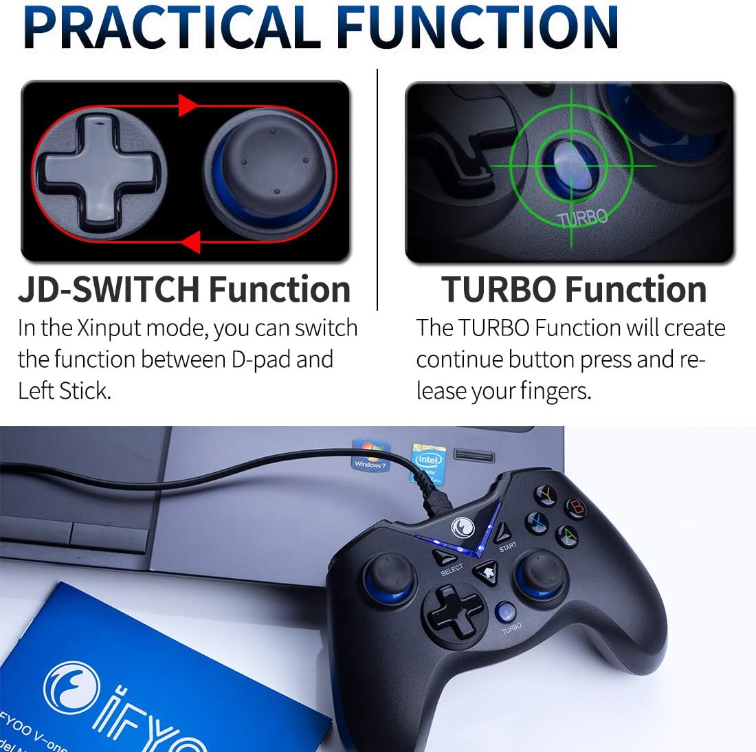 IFYOO V-one Wired USB Gaming Controller Gamepad Joystick for PC Laptop Computer (Windows XP/7/8/10) & Steam & Android & PS3 - [Blue,OTG]: Electronics