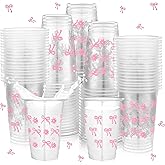 Havawish 100 Pcs Pink Bow Plastic Cups Bowknot Daisy Clear Cups 16 oz Coquette Bachelorette Party Disposable Bow Theme Decorations for Birthday Bridal Shower Wedding Party Supplies