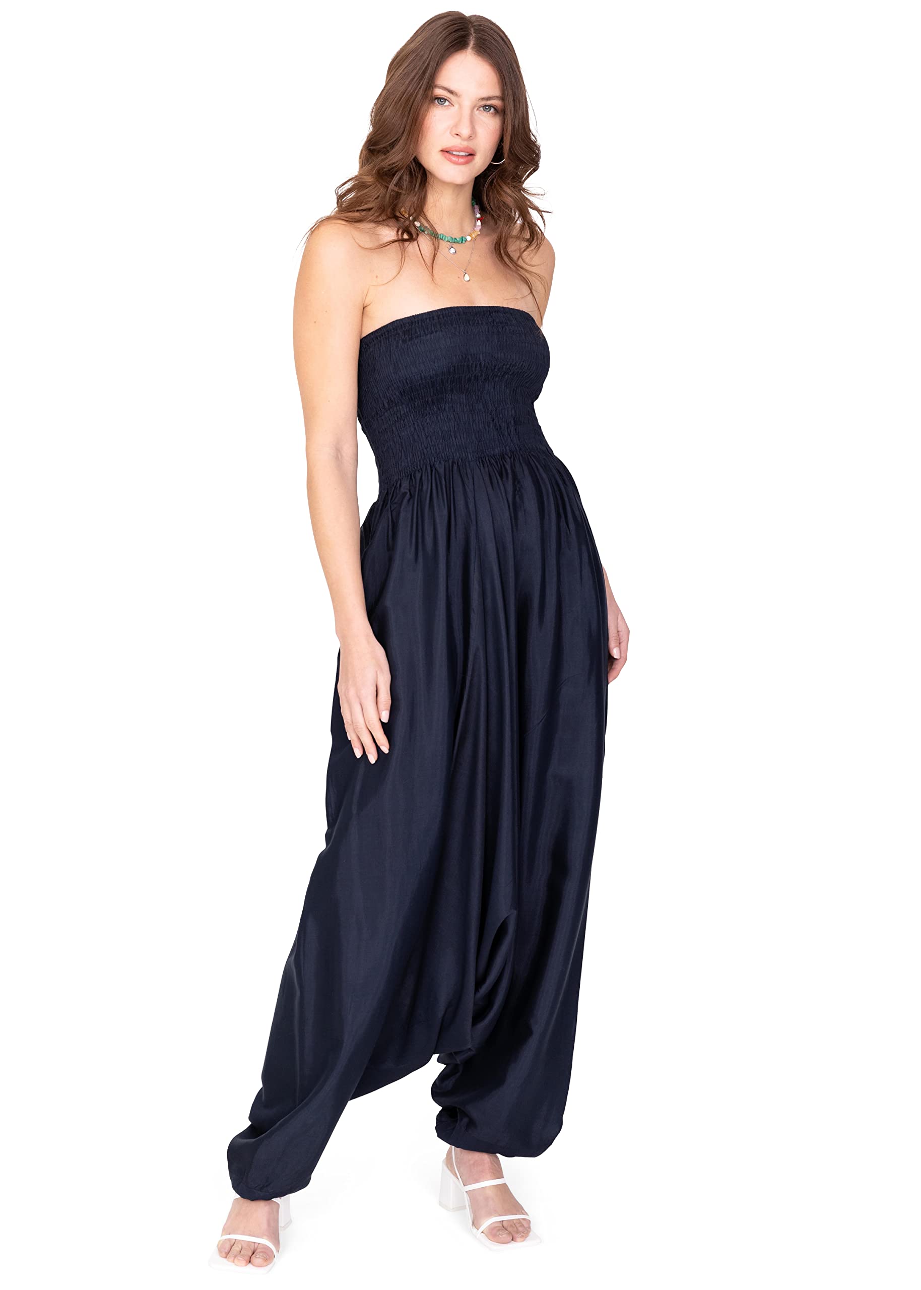 likemary Jumpsuit for Women - Pulls down into Harem Pants - 2-in-1 outfit in Silk Look Fabric - One Size Jumpsuits & Harem Trousers with Pockets - Midnight Blue — image 1