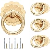 Waziaqoc 4PCS Antique Brass Ring Pulls, Gold Vintage | Flower Shape, Cabinet Small Ring Pulls Handle, For Drawer Closet Cupboard