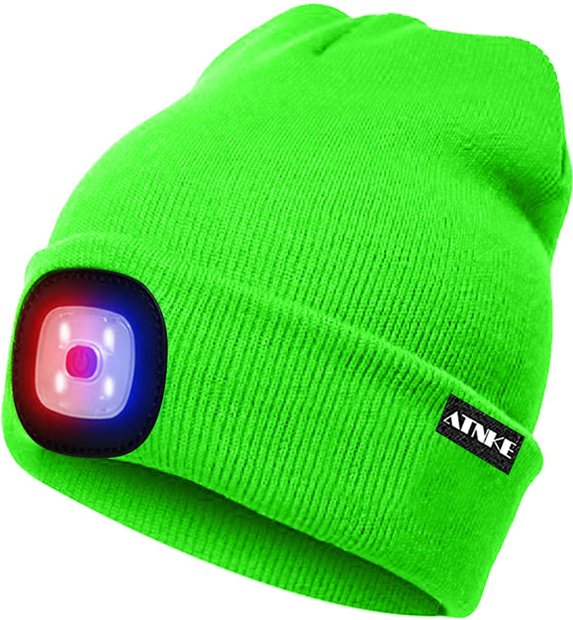 ATNKE LED Lighted Beanie Cap,USB Rechargeable 4 LED Red and Blue Glow Flashing Running Headlamp Hat Winter Warm Gifts for Men and Women/Fluorescent Green
