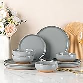 AmorArc Ceramic Dinnerware Sets for 4, 12 Pieces Handpainted Plates and Bowls Set with Rustic Terracotta Underside, Scratch Resistant Stoneware Dishes Set, Dishwasher & Microwave Safe