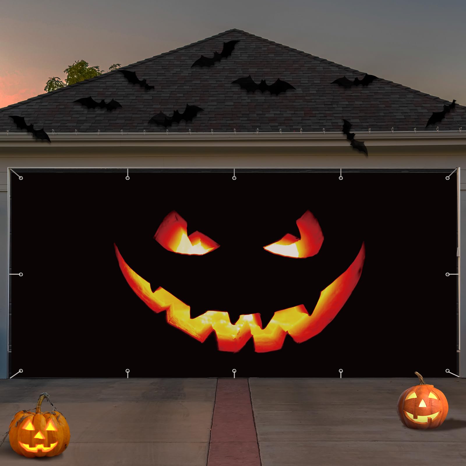 Photo 1 of Tingjoo Halloween Garage Door Banner Pumpkin Large Hanging Backdrop Garage Door Cover Halloween Wall Decorations for Outdoor Indoor Holiday Party Wall Home Window Yard(6 x 13 ft)