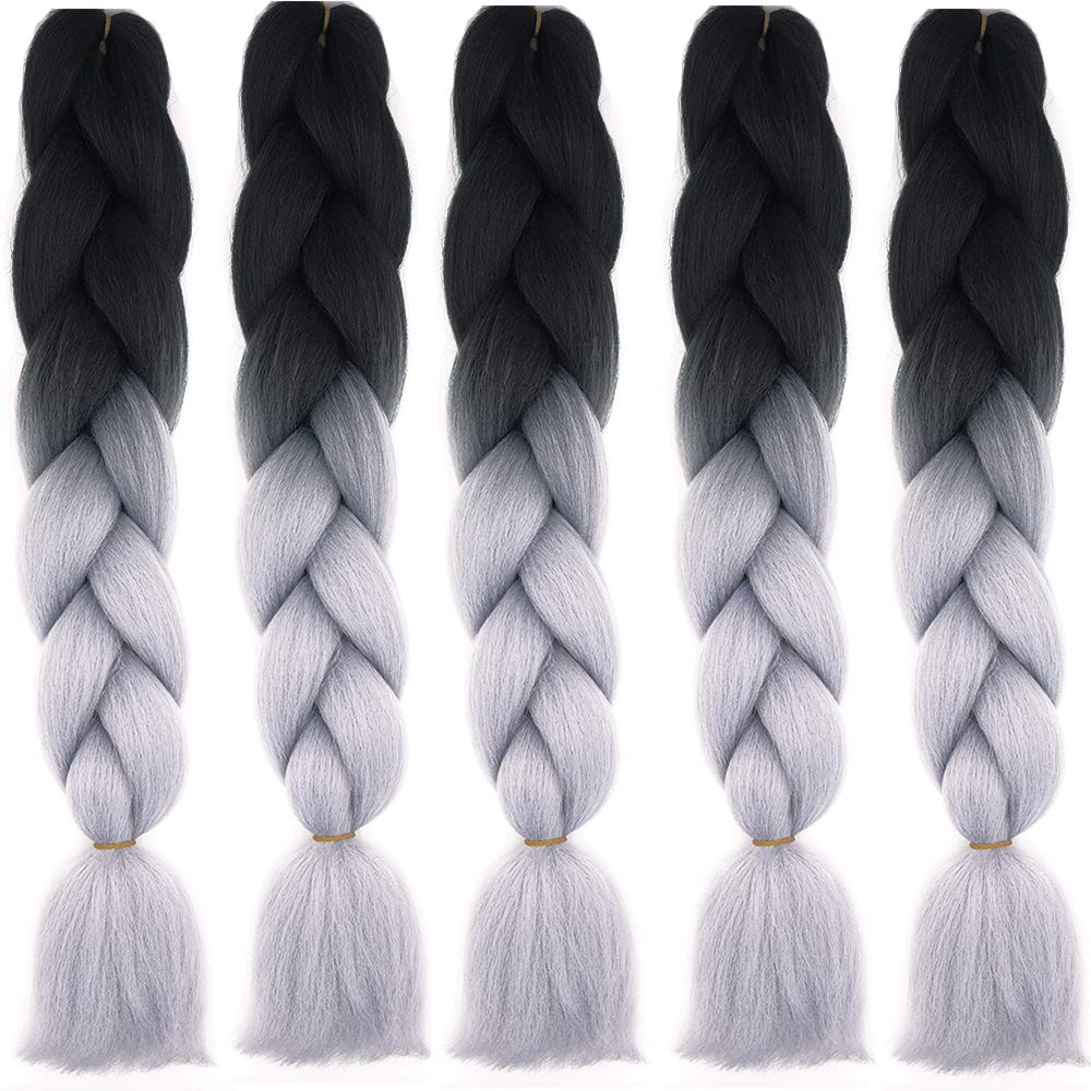 Cybelleza Jumbo Braiding Hair Extensions Synthetic 5PCS/Lot 24inch Ombre Jumbo Braids Crochet Twist Afro Box Braid Heat Resistent (Black&Silver Grey)