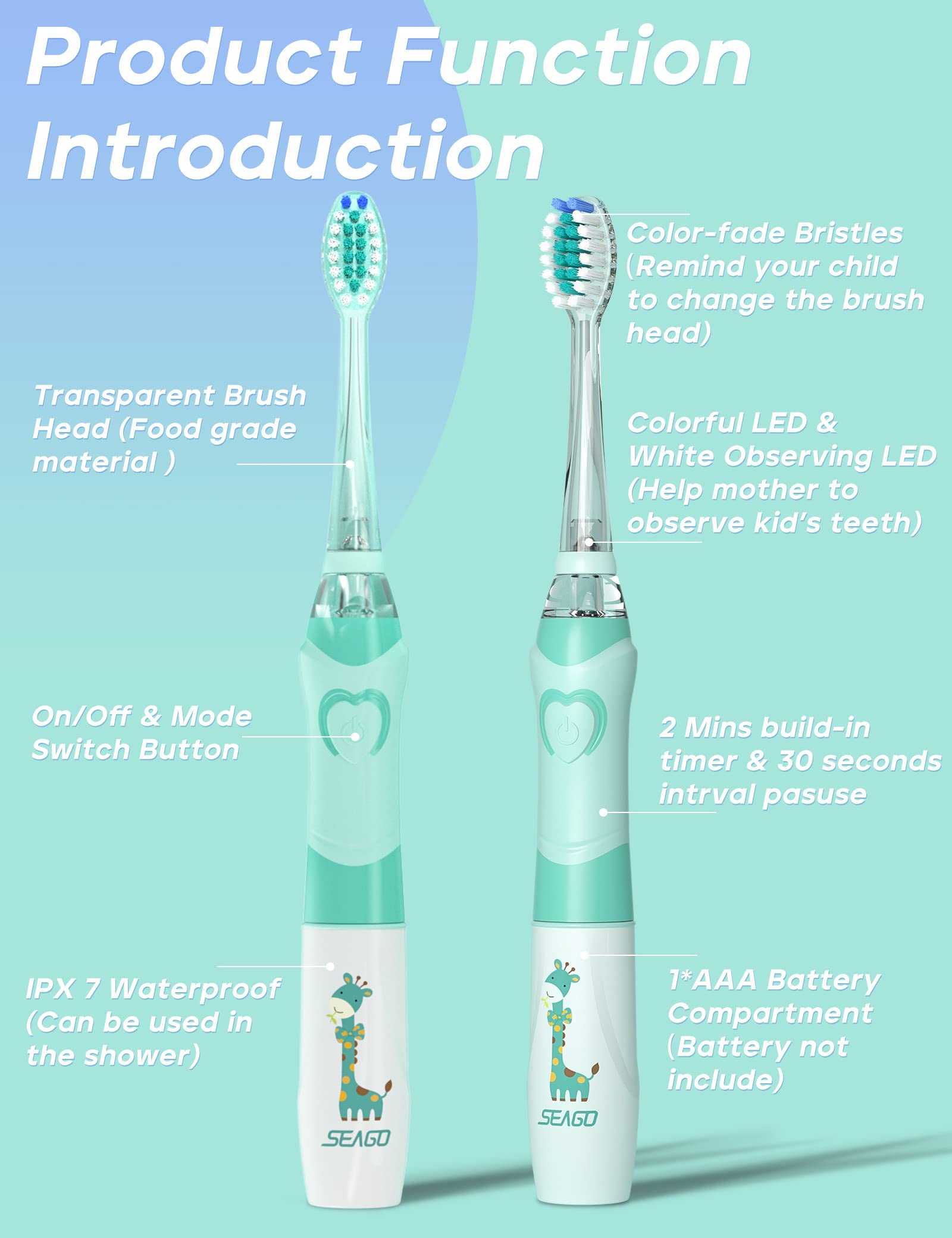 SEAGO Kids Electric Toothbrush with 2 Mins Brushing Timer and 4 Replacement Bursh Heads, Rainbow LED Light Make Brushing Fun, Green Color Boys Battery Powerd Toothbrush for 4-12 Years Old，SG-977