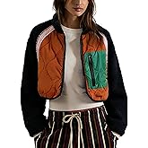 TIQOJE Womens Fuzzy Fleece Jacket Cropped Zip Up Long Sleeve Casual Outwear Warm Winter Patchwork Jackets(Navy-M)
