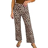 Astylish Women Animal Leopard Print Wide Leg High Waisted Jeans Tummy Control Casual Cropped Raw Hem Ankle Denim Pants