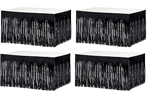 CLAYGHSEN 4 Pack 29x108 Inch Metallic Foil Fringe Tinsel Table Skirts for Rectangle Tables Streamer Curtains Backdrop for Wedding, Birthday, Parade Floats, Valentine's Day, Mardi Gras Party Decoration(Black)