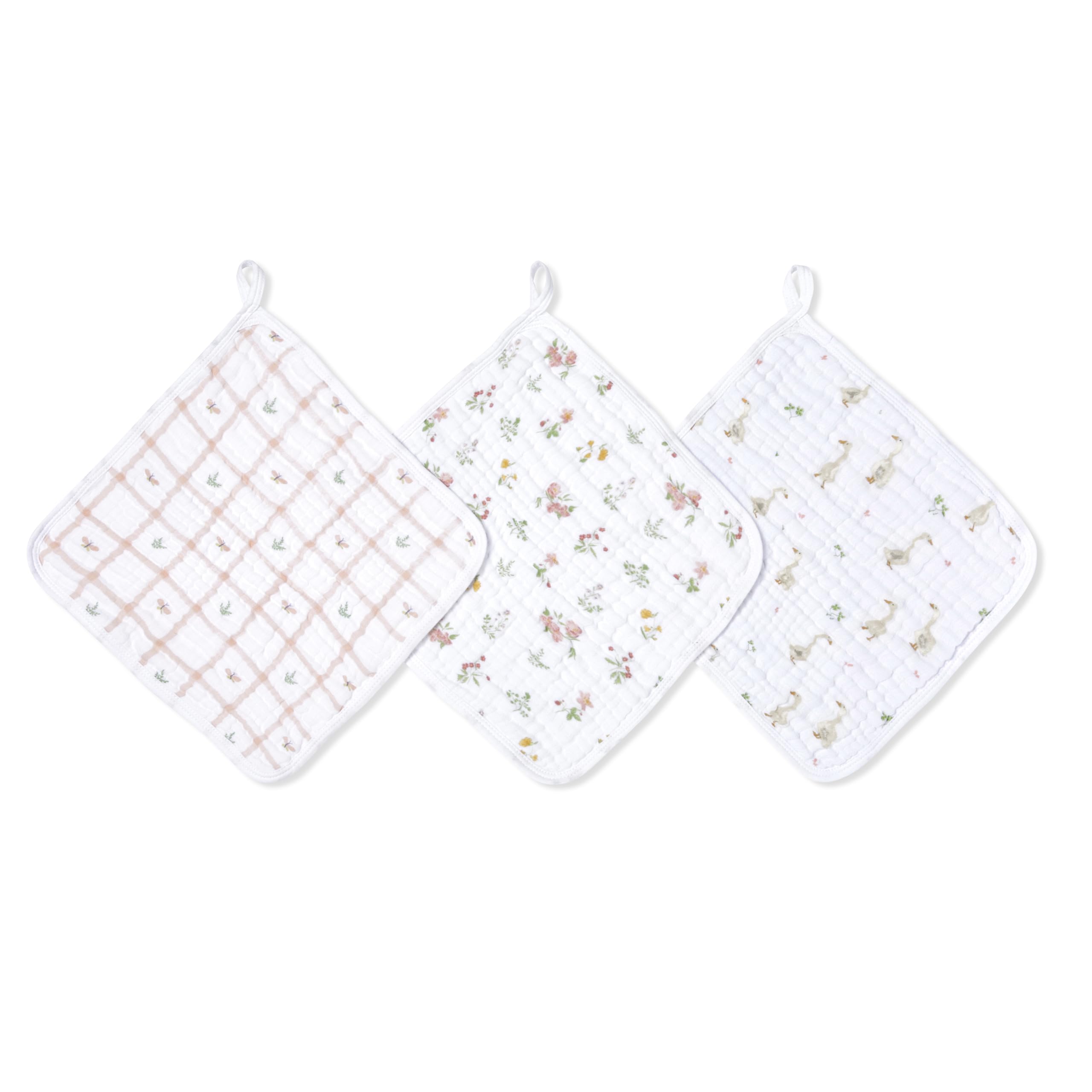 aden + anais Essentials Classic Washcloth Set, Super Soft 100% Cotton Muslin, 3-Pack, Country Floral