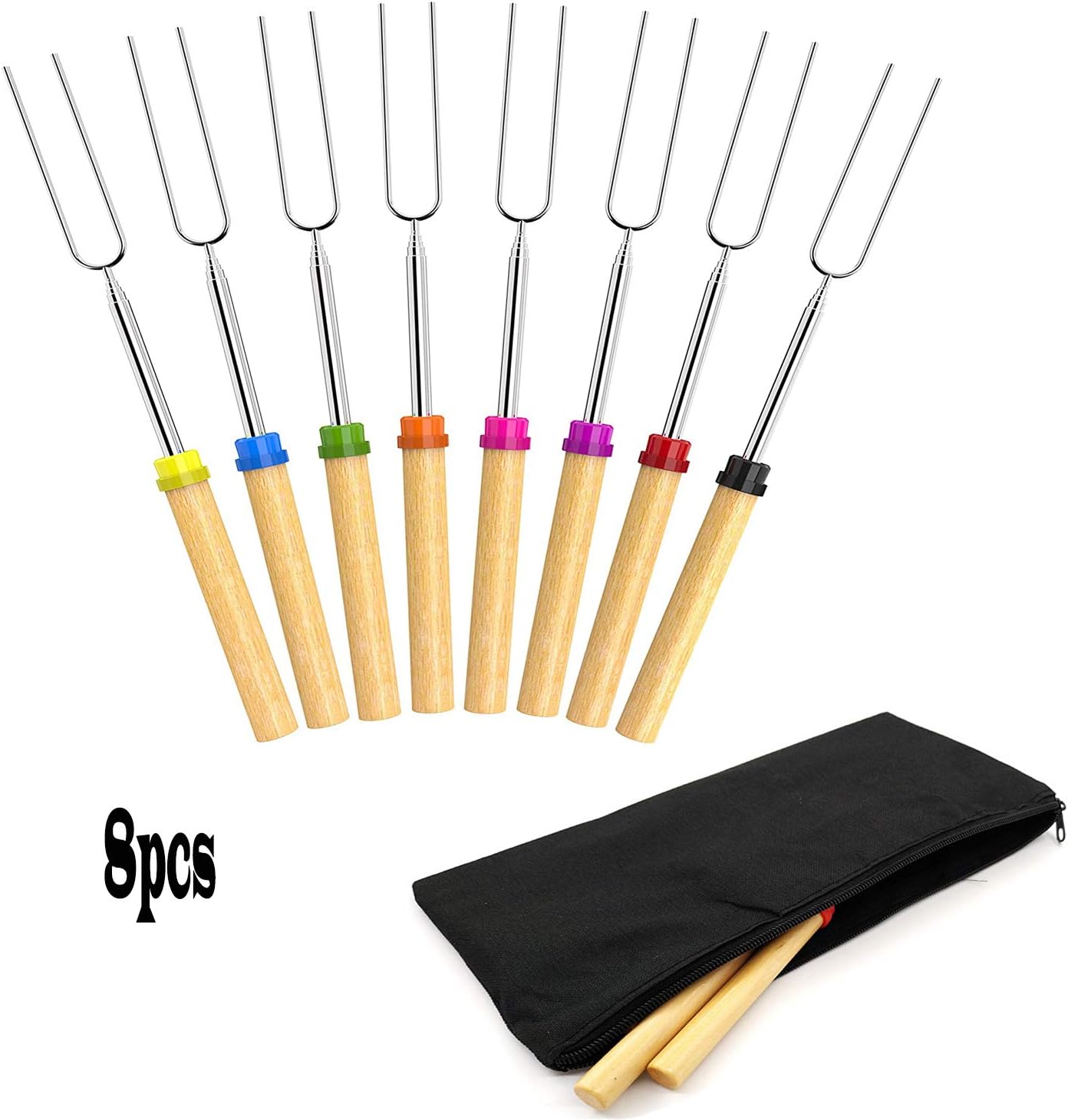 Marshmallow Roasting Smores Sticks 32-inch Wooden Handle Extendable Sturdy Stainless Steel Roasting Forks for BBQ, Campfire, Hot Dog, Telescoping Camping Safe for Kids 8 Pcs Sticks with Storage Bag : Garden & Outdoor