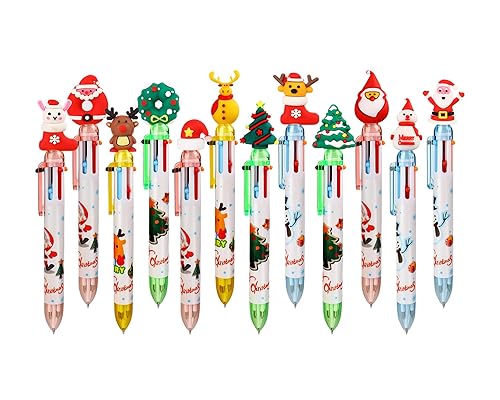 Enyeopd 12pcs Christmas Pens Multicolor Retractable Ballpoint Pen Bulk 6 In 1 12 Style For Christmas Stockings & Hats, Snowman Winter Reindeer Snowflake Santa Pens Gift For Family Friend Teacher