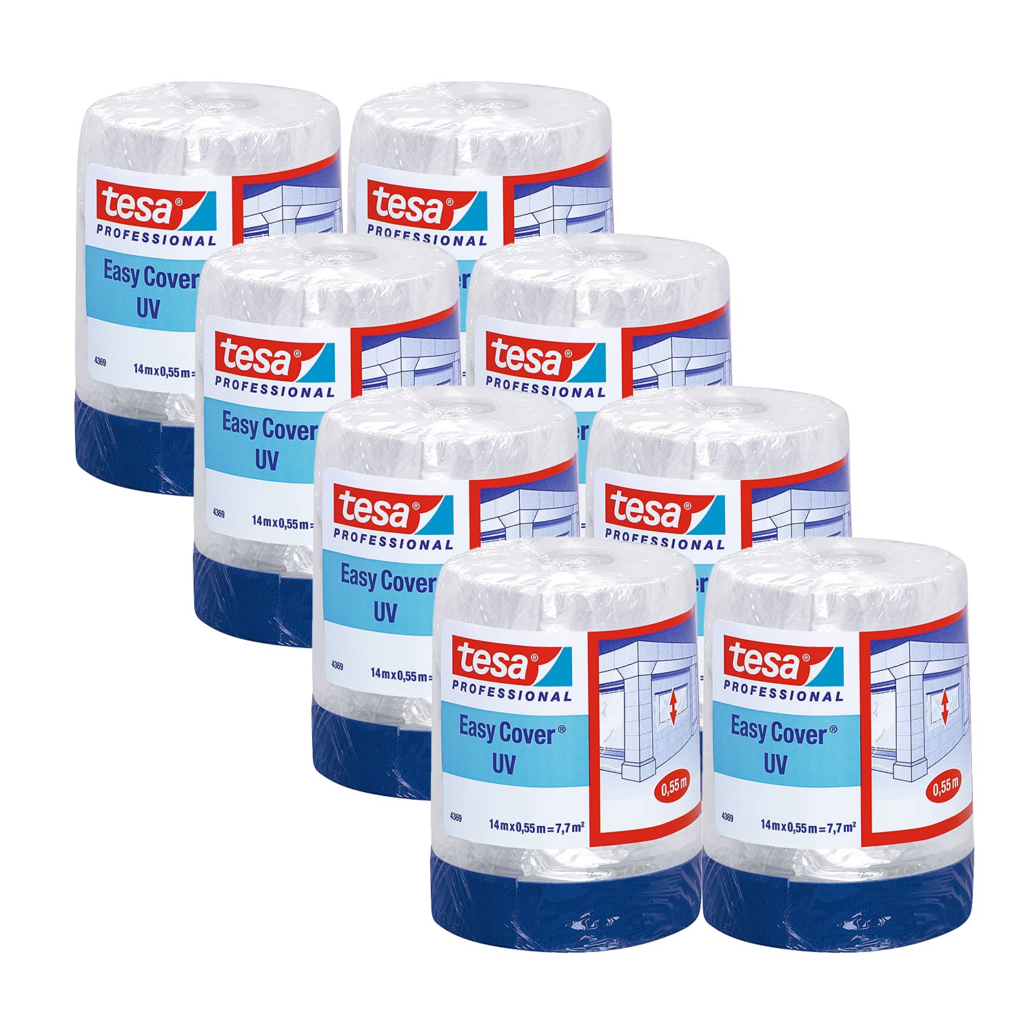 tesa Easy Cover 4369 UV - Pack of 8 - Painter's Film with Fabric Tape for Masking and Covering Outdoor Use - 2-in-1 Masking Tape with Film - Blue/Matte - 14 m x 0.55 m