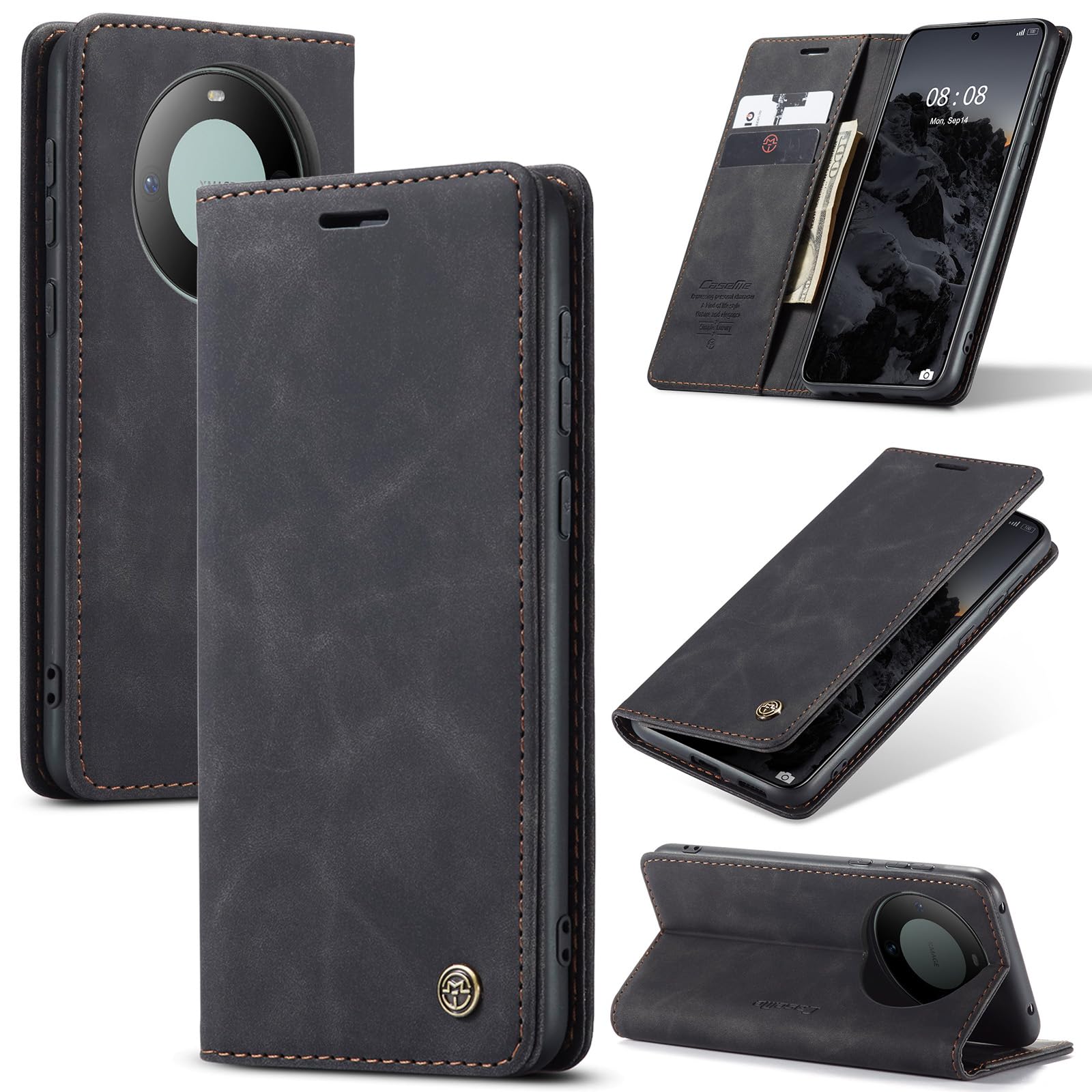UFinetech for HUAWEI Mate60 Case, Leather Wallet Case for HUAWEI Mate 60, Slim Shockproof, Magnetic Closure Flip, Kickstand, Card Holder, Camera Protector, Anti-scratch, Black 2023 TPU Cover