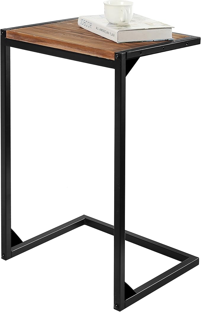Industrial Style CShaped Wood & Metal Sofa Side Table, Modern Urban