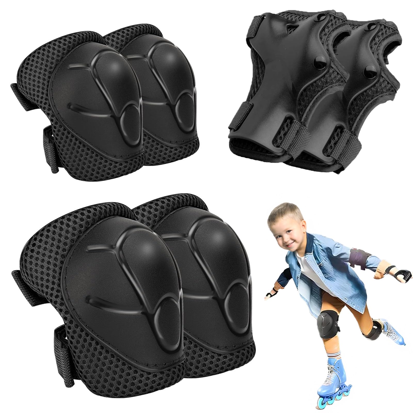 Knee Pads for Kids - 6pcs Kids Knee and Elbow Pads with Wrist Guard, Children’s Sports Protective Gear Set for Skateboard, Roller Skating, Biking, and Outdoor Multi-Sports with Mesh Bag