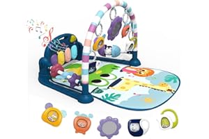 dearlomum Baby Play Mat Baby Gym,Funny Play Piano Tummy Time Baby Activity Mat with 5 Infant Sensory Baby Toys, Music and Lights Boy & Girl Gifts for Newborn Baby 0 to 3 6 9 12 Months（New Blue）
