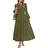 MEROKEETY Winter Spring Midi Dresses for Women 2026 Casual Vacation Long Sleeve V Neck Tiered Cotton Maxi Dress Pockets