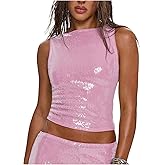 MakeMeChic Women's Sparkly Sequin Tops Y2k Sleeveless Crop Going Out Rave Tops Clubwear