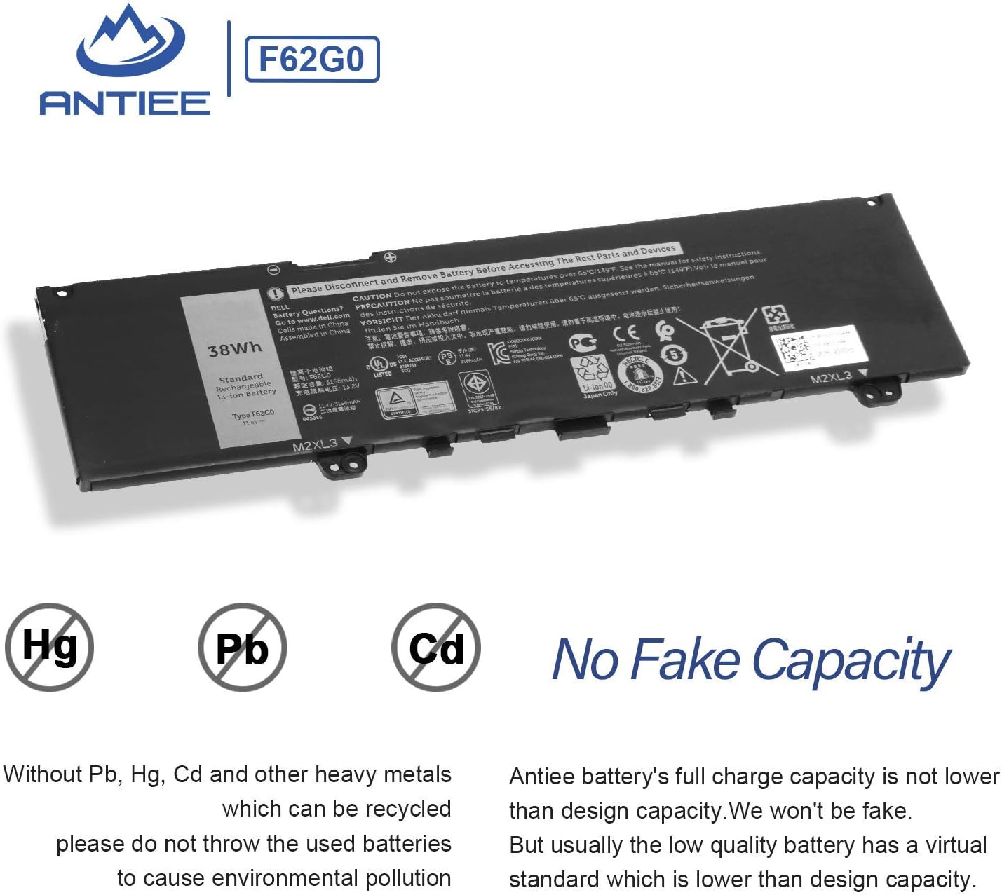 ANTIEE 38Wh 3-Cell F62G0 Laptop Battery Compatible with Dell Inspiron 13 7000 7370 7380 7386 5370 7373 2-in-1 P83G Vostro 5370 D1525S Series 39DY5 039DY5 F62GO RPJC3 0RPJC3 11.4V 3166mAh - Image 5