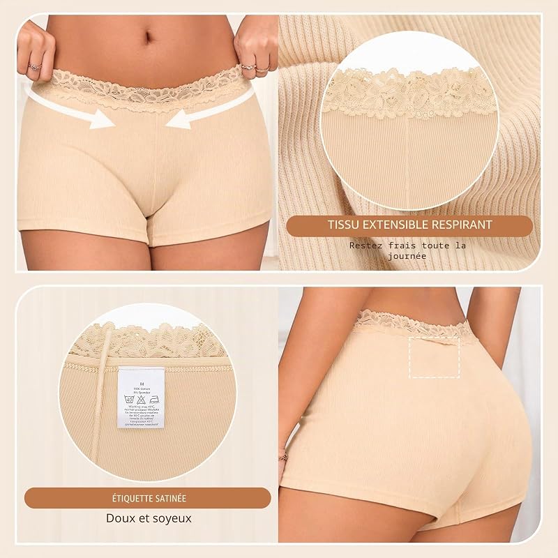 Culotte Boxer Femme, Maille Côtelée Douce, Dos Entièrement Couvrant