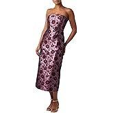 Lulus Emily Corset Strapless Midi Dress for Women Elegant Black Floral Jacquard Cocktail Dress with Bustier Bodice