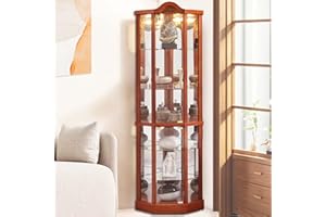 Firscook Lighted 3-Side Glass Display Curio Cabinet, 6 Tier Freestanding Display Cabinets,Accent Wooden Corner Cabinet with Bulb, Corner Storage Decoration Rack for Living Room(Oak)